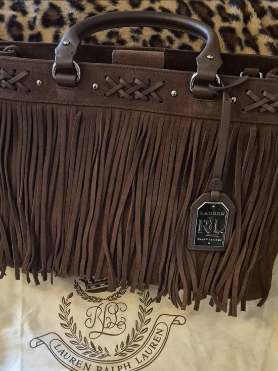 Lauren Ralph Lauren Handbags - Lauren Ralph Lauren Chocolate Brown Suede Fringe Tote with Braided Trim